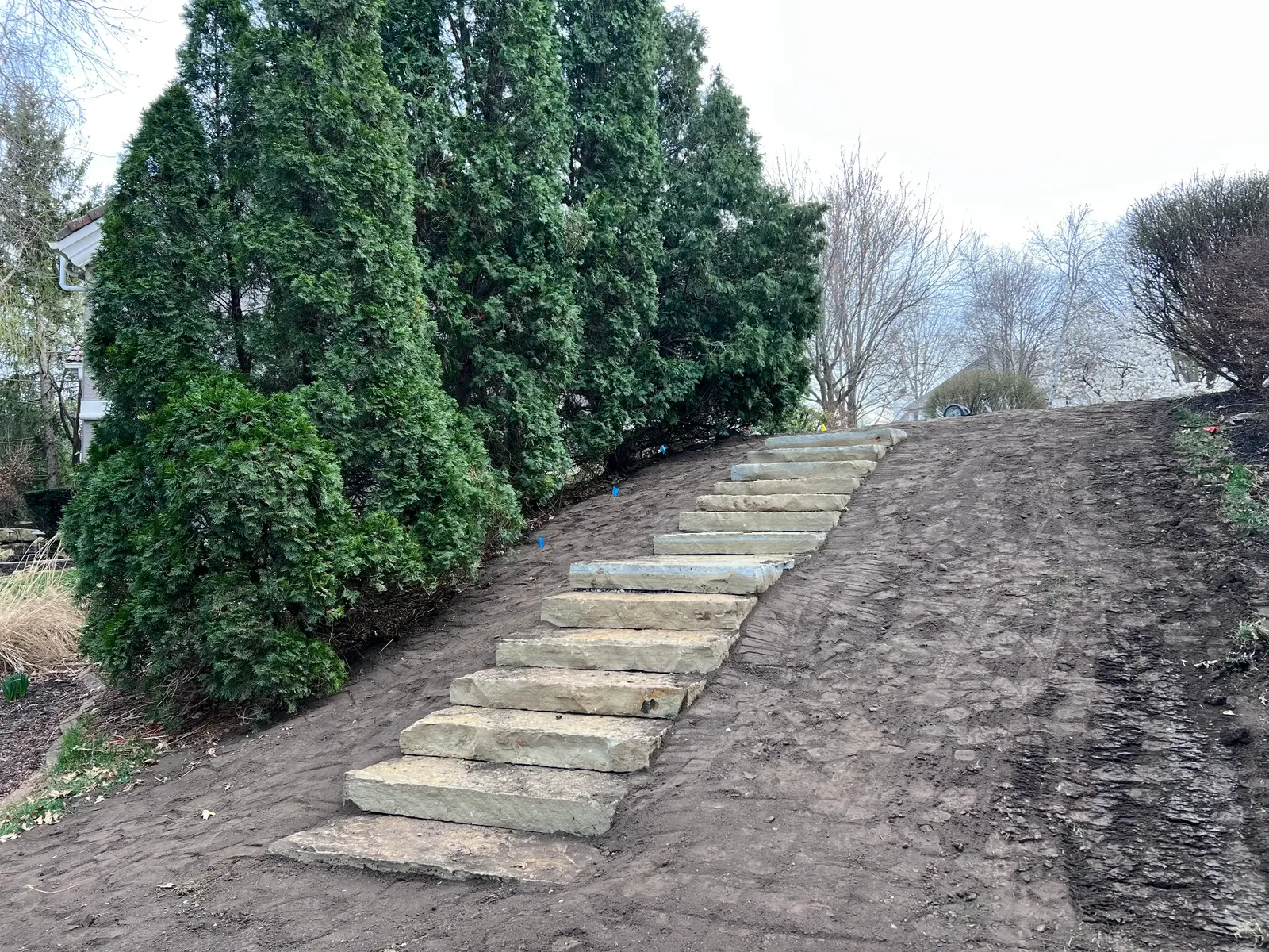 Large stone steps set into a freshly graded hillside