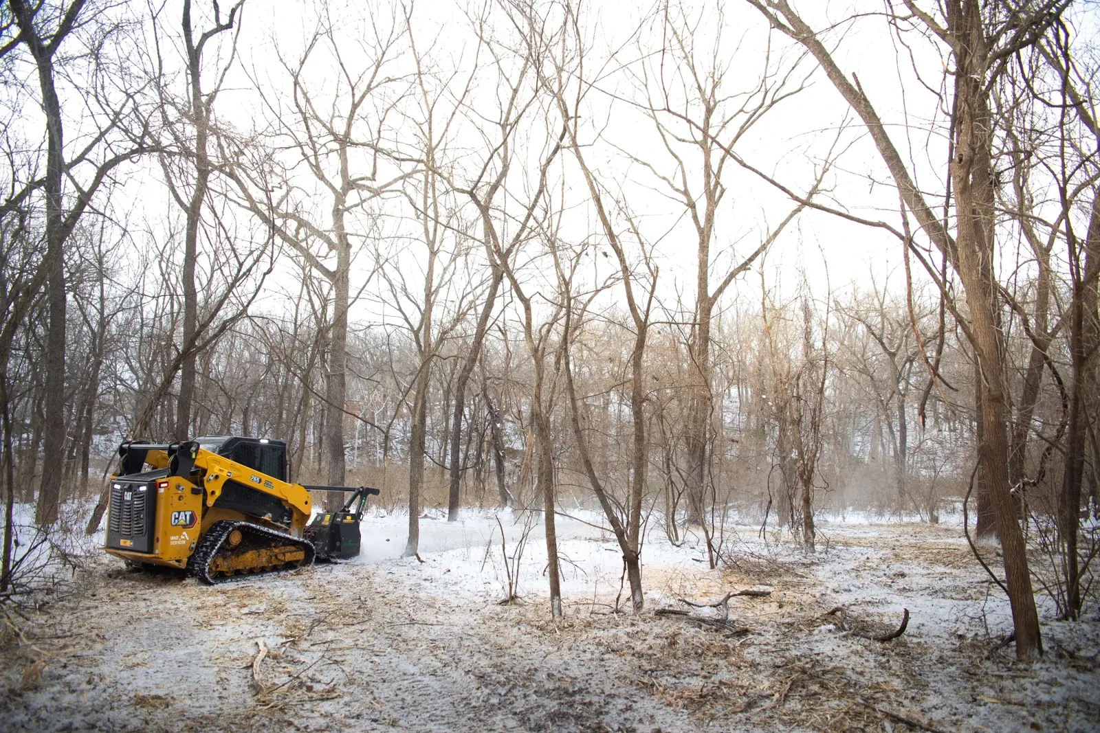 Grade A CAT 265 forestry mulching its way into snowy Kansas woods